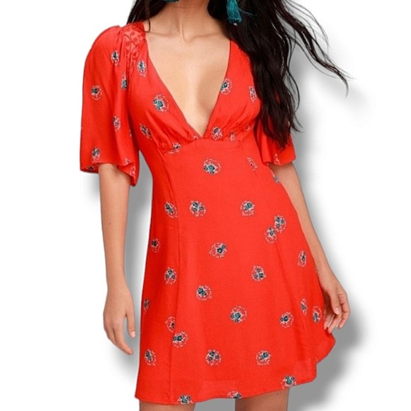 Free People Dresses & Skirts - Free People Mockingbird Orange Red Floral Puff Sleeve Mini Dress Size 2